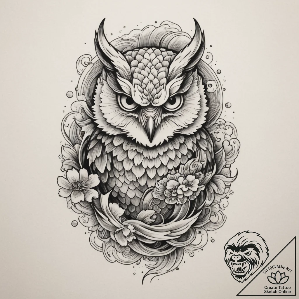Owl, tattoo line art, irezumi japanese tattoo... - tattoo sketch (№1754629097_0, 08.08.2025 04:58) — tattoovalue.net