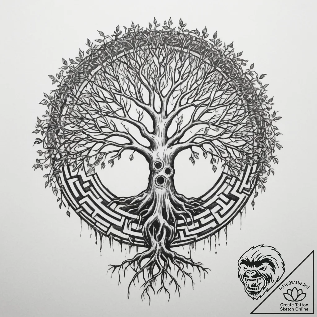 A tree with its roots exposed, forming a laby... - tattoo sketch (№1754629690_0, 08.08.2025 05:08) — tattoovalue.net