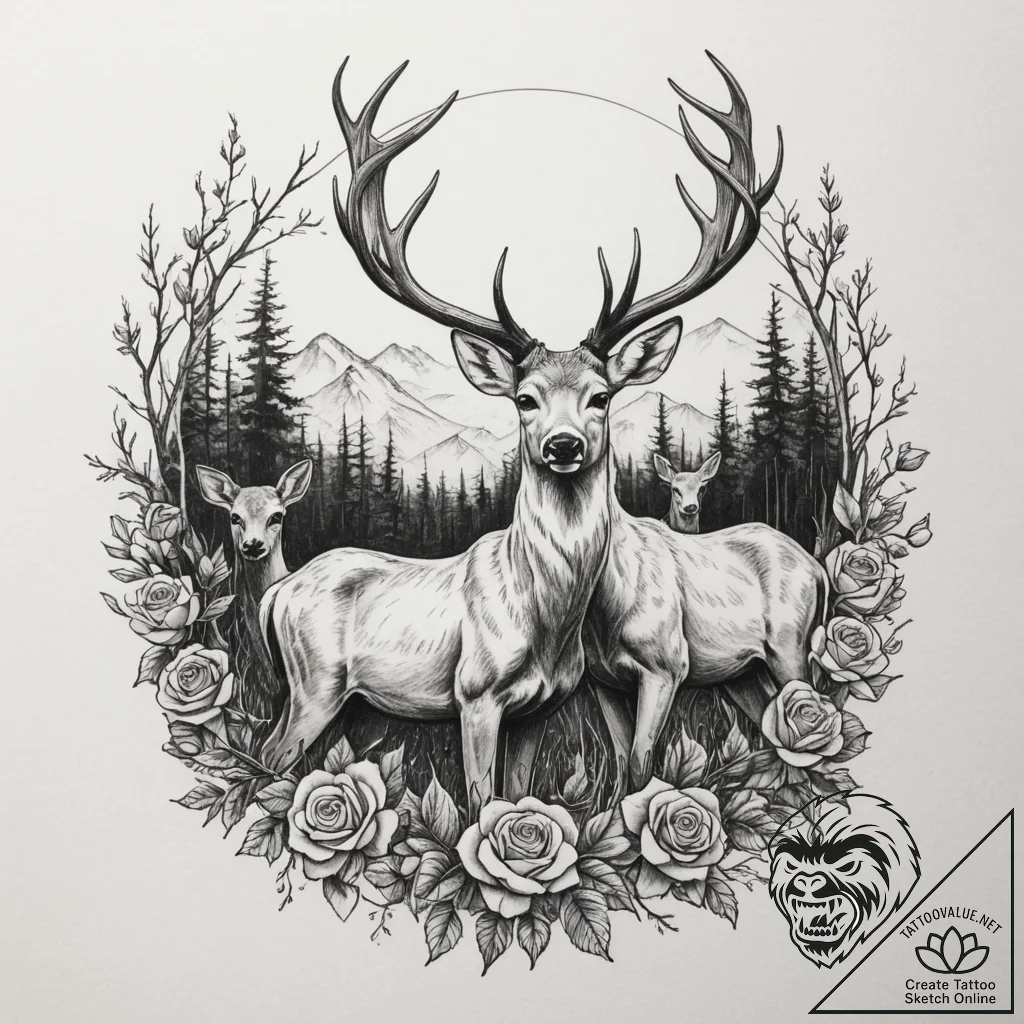 A small herd of deer grazing in a forest clea... - tattoo sketch (№1754633861_0, 08.08.2025 06:17) — tattoovalue.net