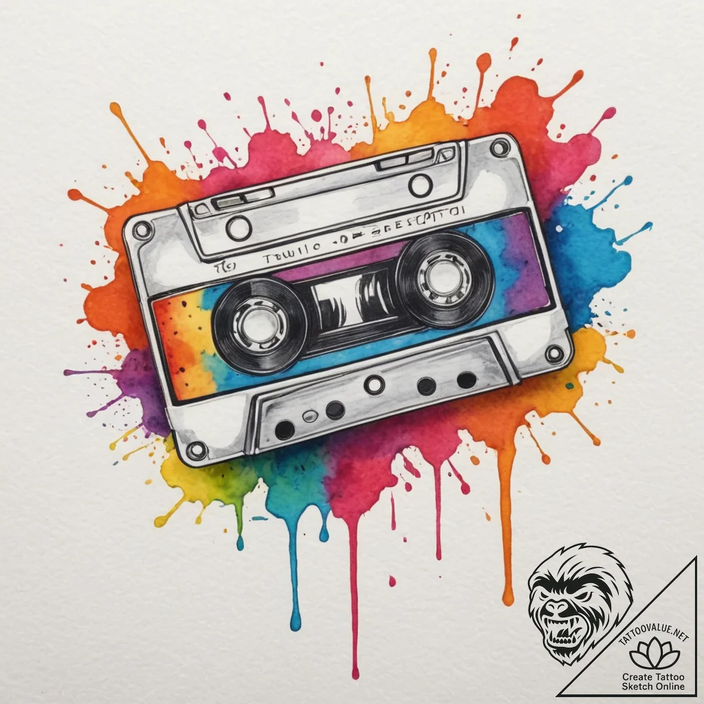 A retro cassette tape unspooling, ink illustr... - tattoo sketch (№1754634851_0, 08.08.2025 06:34) — tattoovalue.net