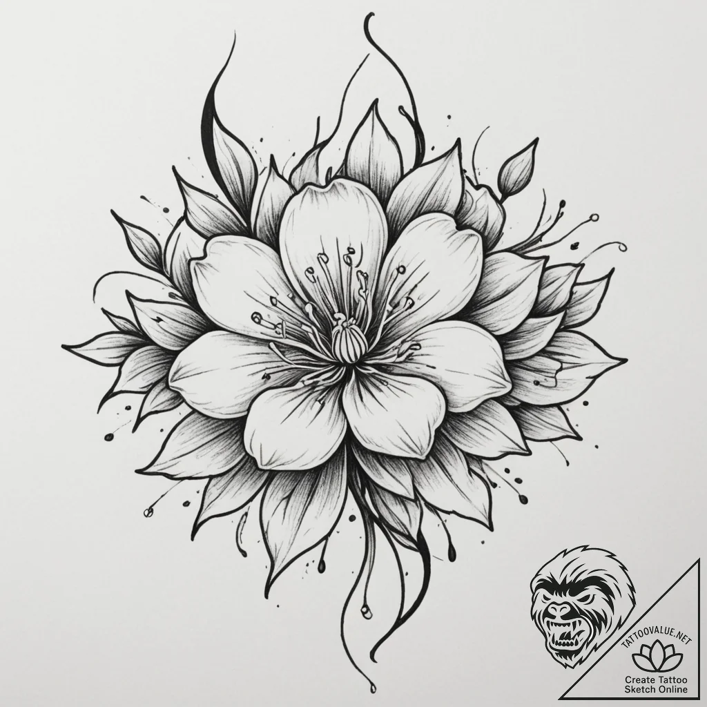 Sakura, tattoo line art, soft whip shading, p... - tattoo sketch (№1754637431_0, 08.08.2025 07:17) — tattoovalue.net