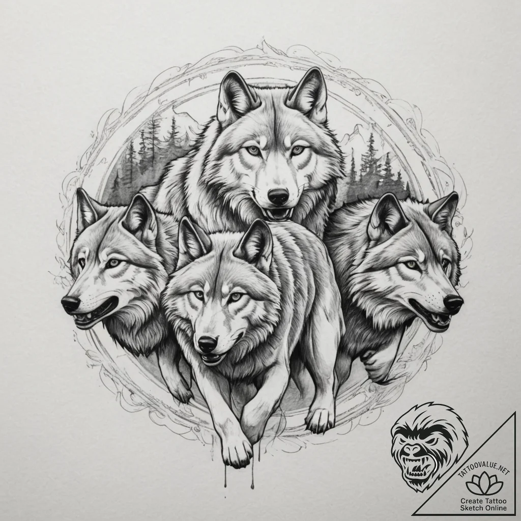 Tattoo sketch a wolf pack in full stride, for... - tattoo sketch (№1754638423_0, 08.08.2025 07:33) — tattoovalue.net