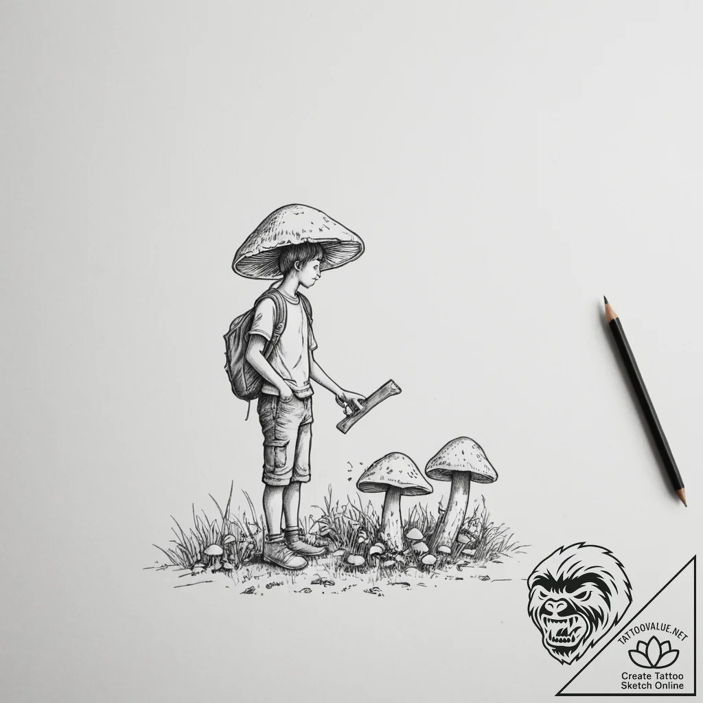 A shot of a person foraging for wild mushroom... - tattoo sketch (№1754641400_0, 08.08.2025 08:23) — tattoovalue.net