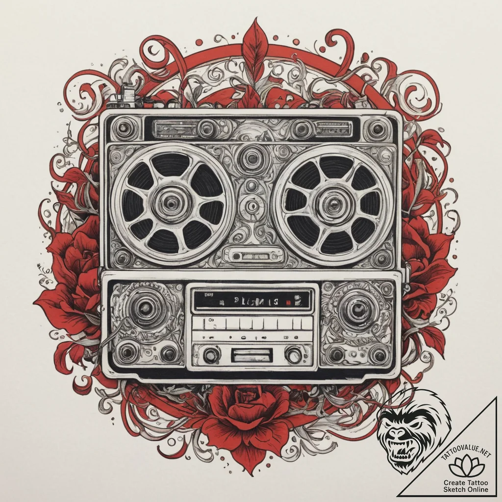 Reel-to-reel tape player, ink illustration fo... - tattoo sketch (№1754646369_0, 08.08.2025 09:46) — tattoovalue.net