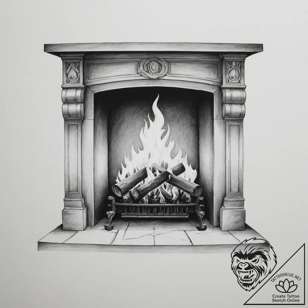 Tattoo sketch a fireplace with a cozy fire bu... - tattoo sketch (№1754650134_0, 08.08.2025 10:48) — tattoovalue.net
