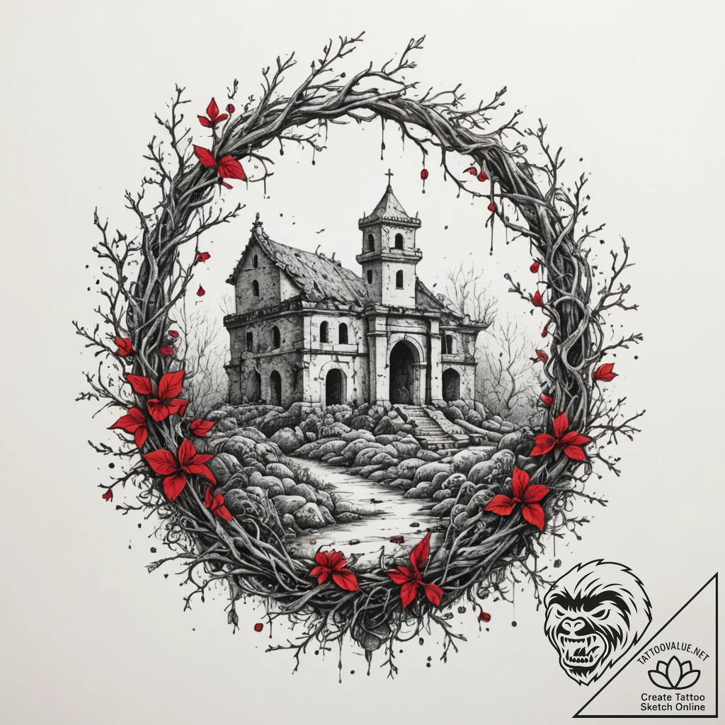 Tattoo design an ancient ruin covered in vine... - tattoo sketch (№1754651728_0, 08.08.2025 11:15) — tattoovalue.net