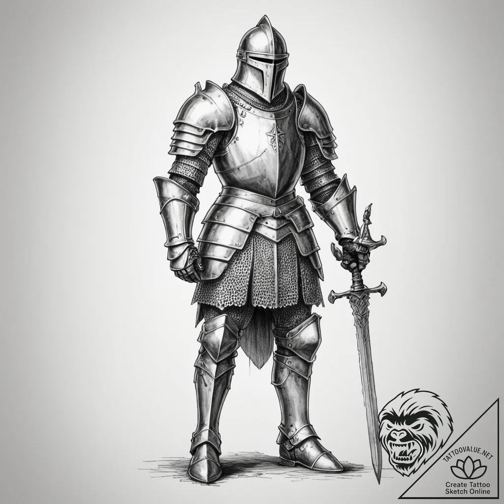 Tattoo sketch a medieval knight in full armor... - tattoo sketch (№1754664311_0, 08.08.2025 14:45) — tattoovalue.net