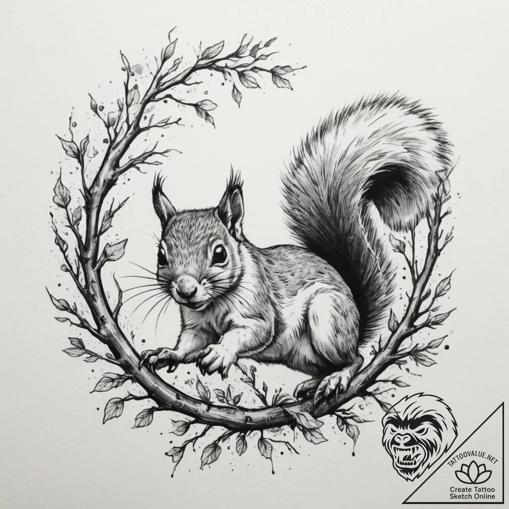 A squirrel mid-leap between two tree branches... - tattoo sketch (№1754665512_0, 08.08.2025 15:05) — tattoovalue.net