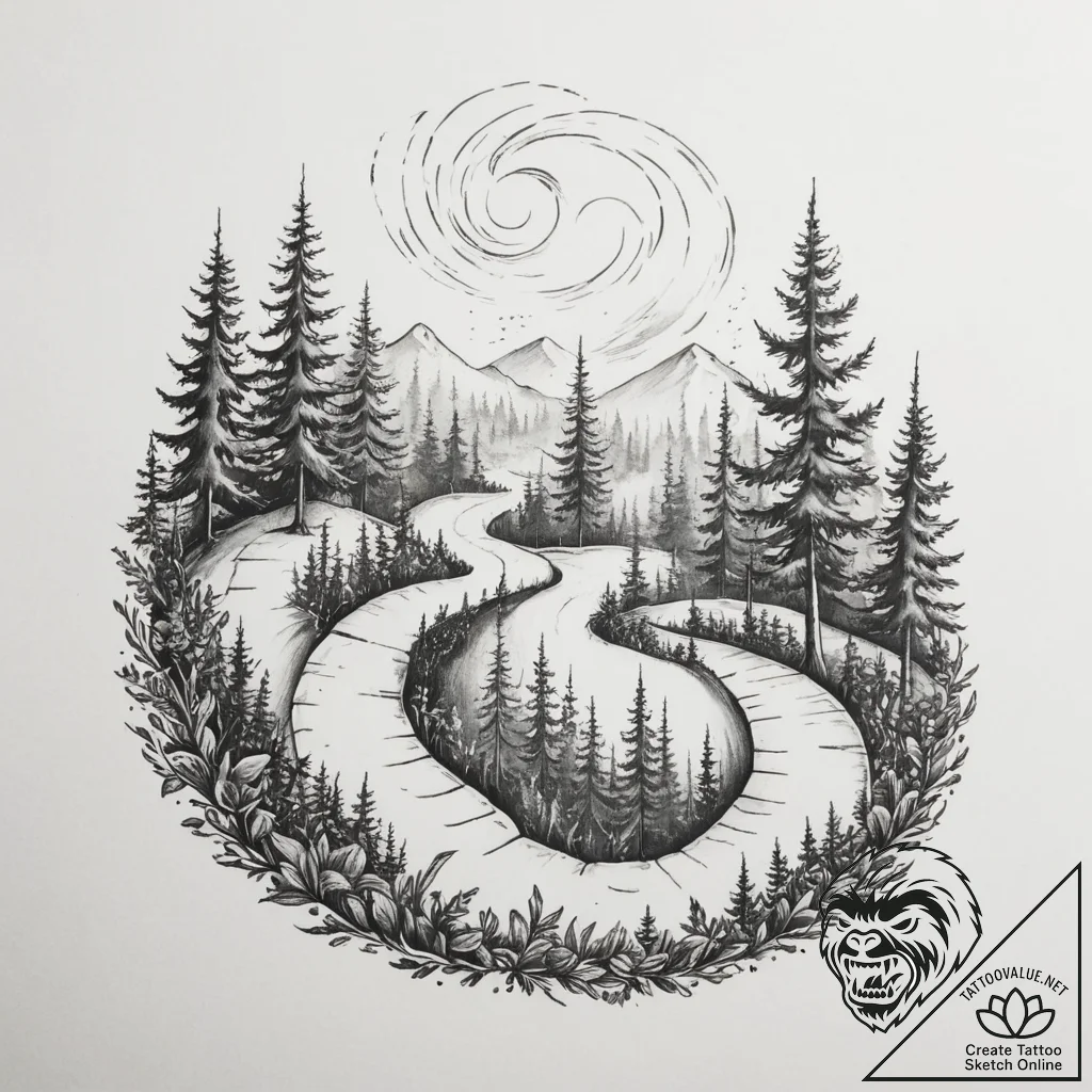 Tattoo design a winding path through a forest... - tattoo sketch (№1754666522_0, 08.08.2025 15:22) — tattoovalue.net
