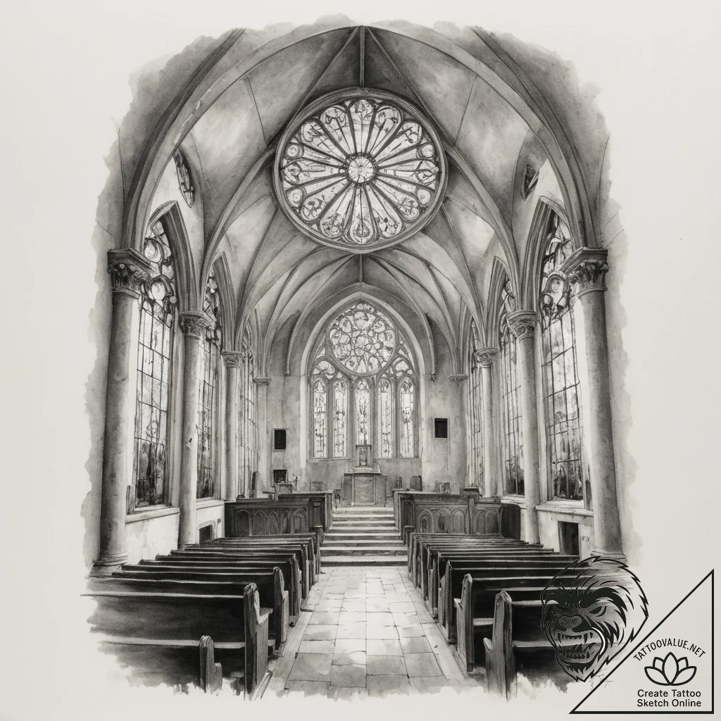 The inside of an old, abandoned church, with... - tattoo sketch (№1754667528_0, 08.08.2025 15:38) — tattoovalue.net