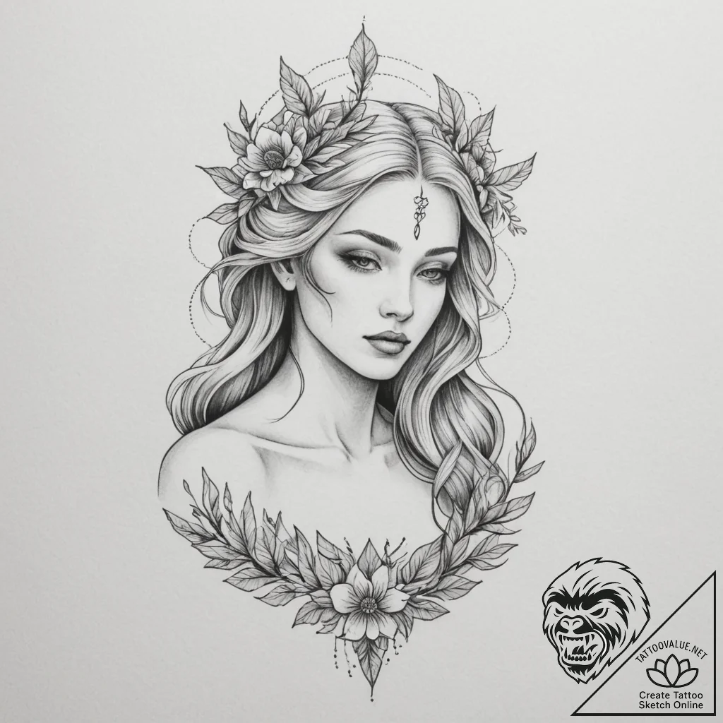 Tattoo sketch: a serene, yet haunting, depict... - tattoo sketch (№1754667732_0, 08.08.2025 15:42) — tattoovalue.net