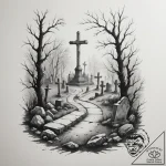 A graveyard scene with fog, ink illustration… – tattoo sketch (№1754673728_0, 08.08.2025 17:22) — tattoovalue.net