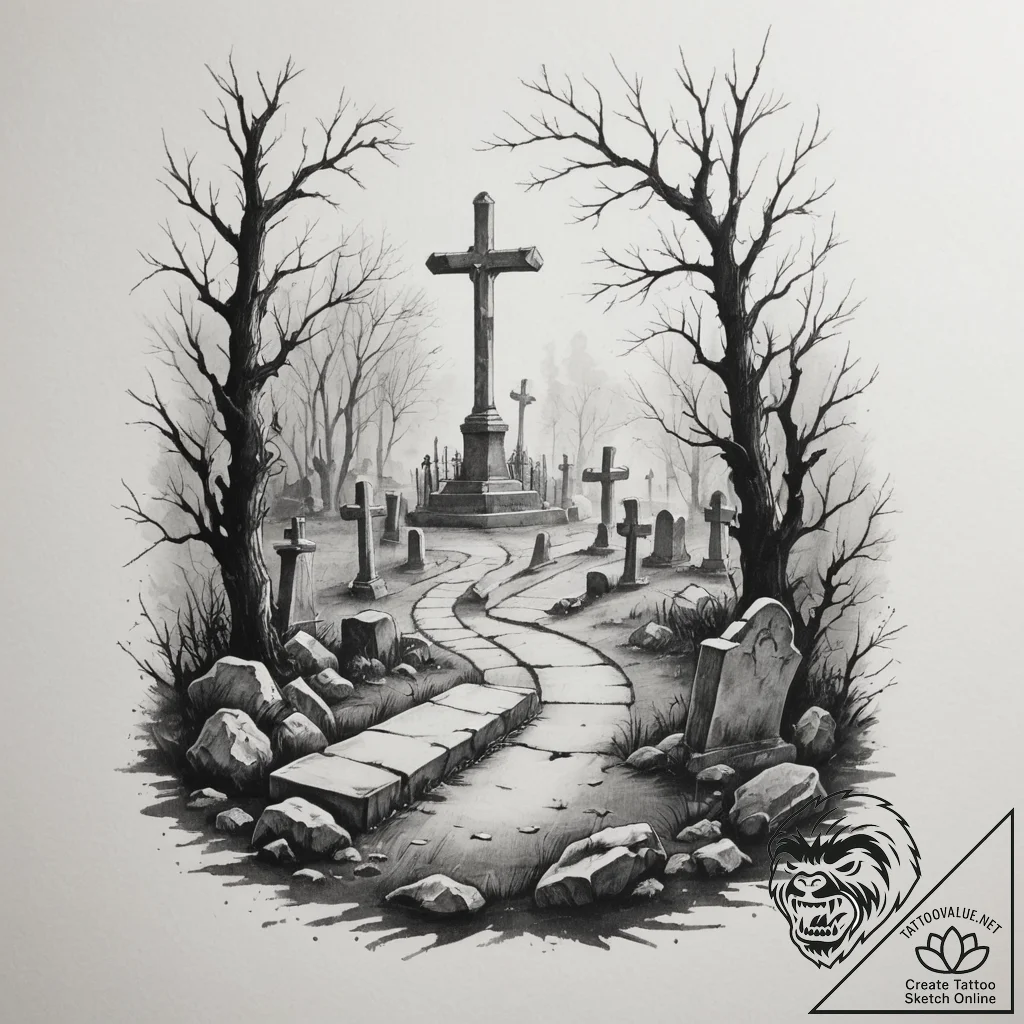 A graveyard scene with fog, ink illustration... - tattoo sketch (№1754673728_0, 08.08.2025 17:22) — tattoovalue.net