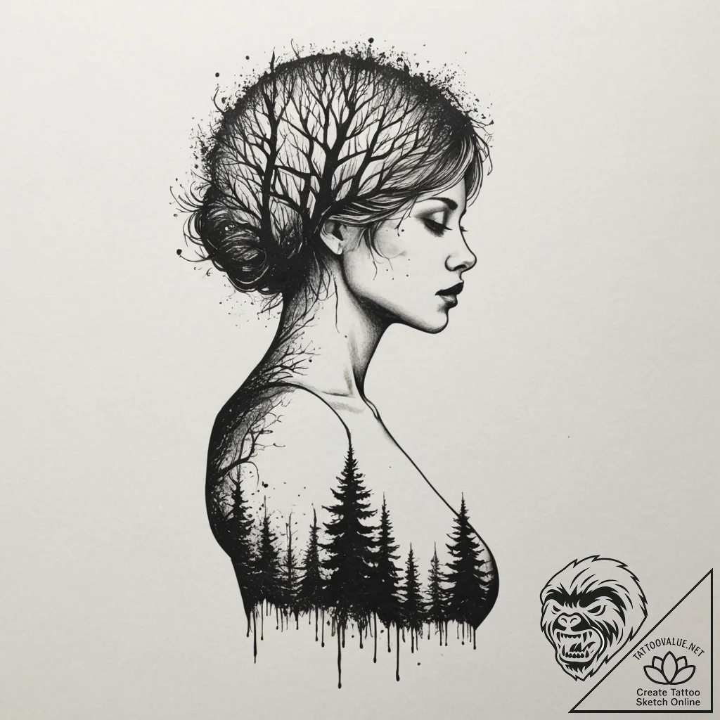 A human silhouette filled with a forest/galax... - tattoo sketch (№1754674124_0, 08.08.2025 17:28) — tattoovalue.net