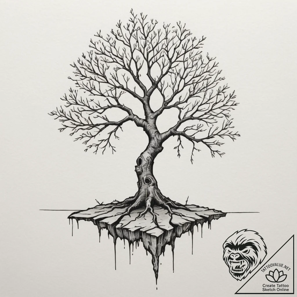 Tattoo sketch a single, strong tree growing o... - tattoo sketch (№1754674915_0, 08.08.2025 17:41) — tattoovalue.net