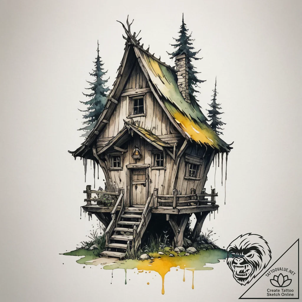 Baba yaga's hut on chicken legs, tattoo drawi... - tattoo sketch (№1754680136_0, 08.08.2025 19:08) — tattoovalue.net