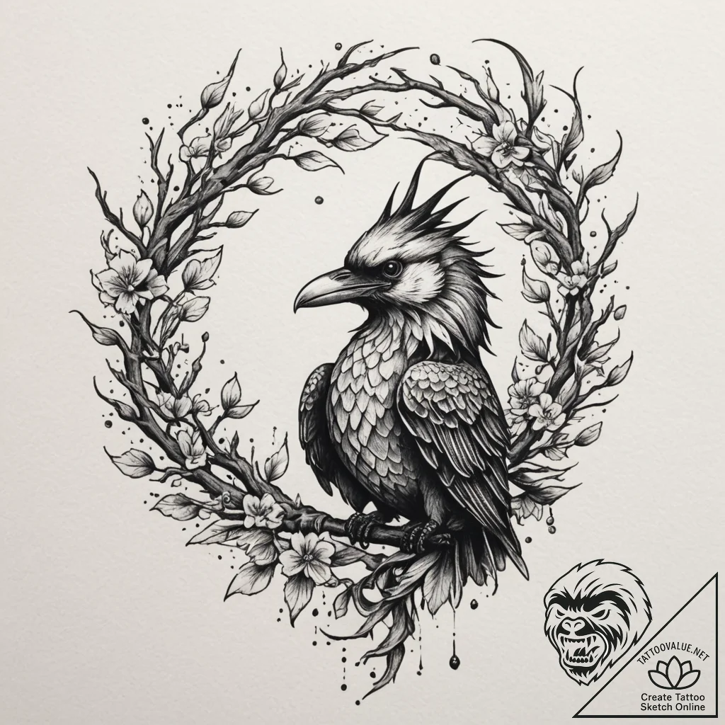 Tattoo sketch: a stylized crow or raven perch... - tattoo sketch (№1754680337_0, 08.08.2025 19:12) — tattoovalue.net