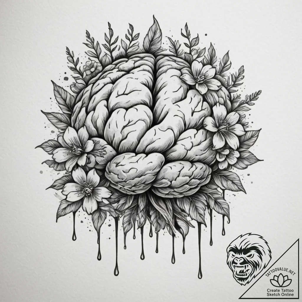 Tattoo sketch a human brain with blooming flo... - tattoo sketch (№1754682539_0, 08.08.2025 19:48) — tattoovalue.net