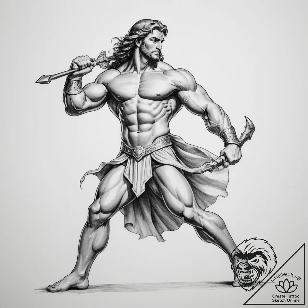 Tattoo design a powerful mythological hero (e... - tattoo sketch (№1754683945_0, 08.08.2025 20:12) — tattoovalue.net