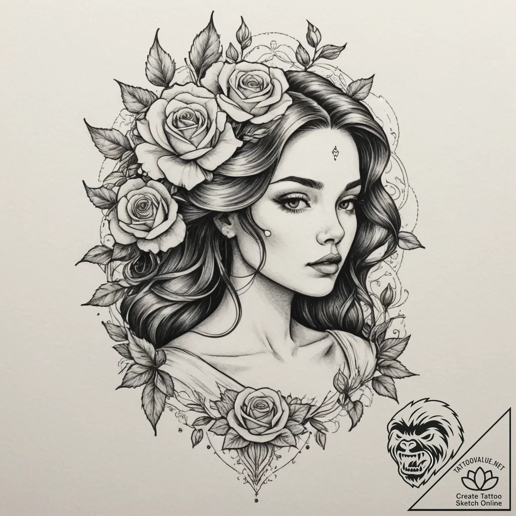 Tattoo design a virgo maiden's profile in bla... - tattoo sketch (№1754684342_0, 08.08.2025 20:19) — tattoovalue.net