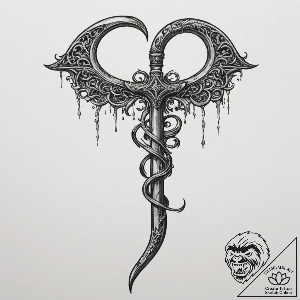 Reaper's scythe leaning against a wall, ink i... - tattoo sketch (№1754685750_0, 08.08.2025 20:42) — tattoovalue.net