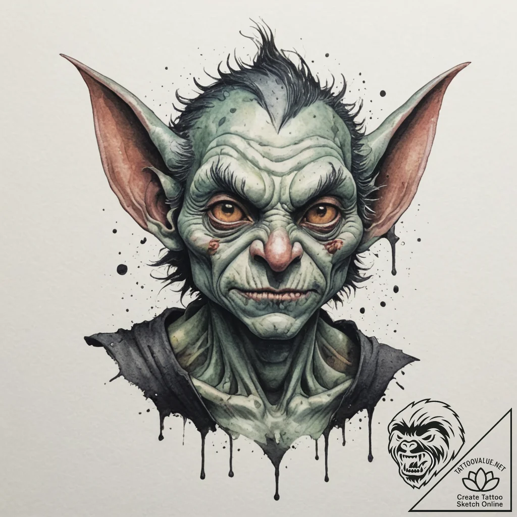 Goblin, concept art for tattoo, on a clean wh... - tattoo sketch (№1754687563_0, 08.08.2025 21:12) — tattoovalue.net