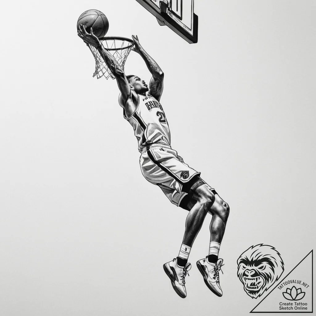 A low-angle shot of a basketball player dunki... - tattoo sketch (№1754687968_0, 08.08.2025 21:19) — tattoovalue.net