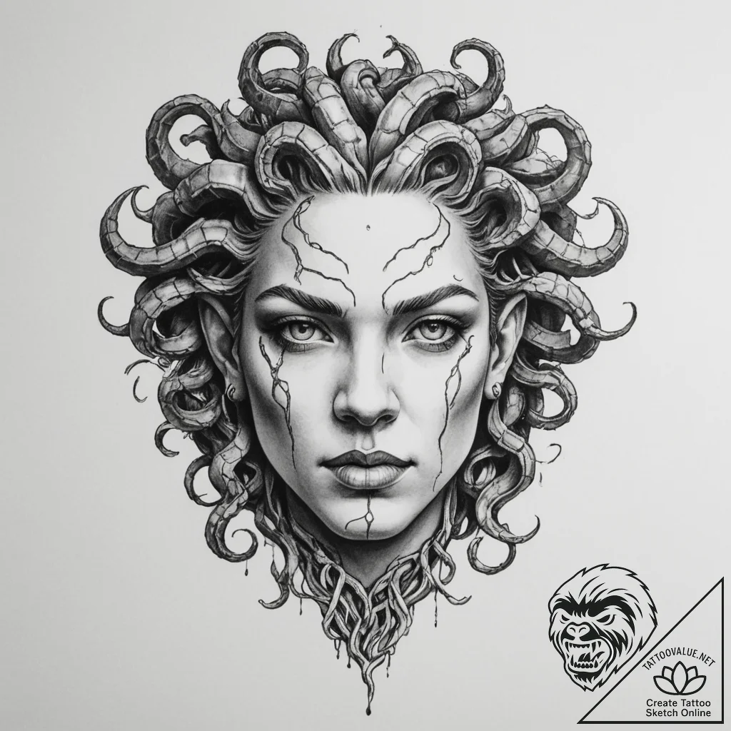 Tattoo sketch a gorgon's head, symbolizing fa... - tattoo sketch (№1754689563_0, 08.08.2025 21:46) — tattoovalue.net