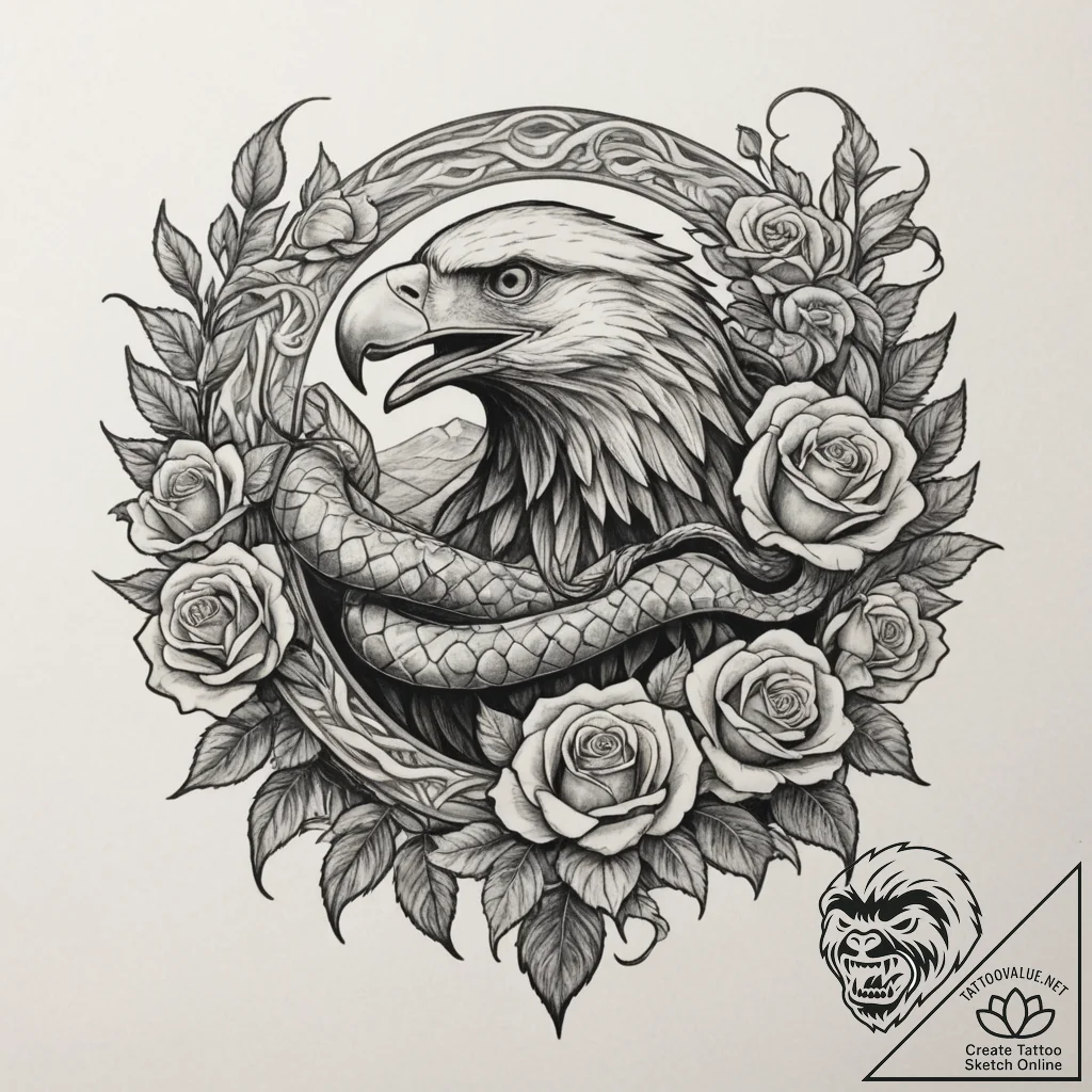An eagle fighting a snake, tattoo line art, s... - tattoo sketch (№1754689963_0, 08.08.2025 21:52) — tattoovalue.net