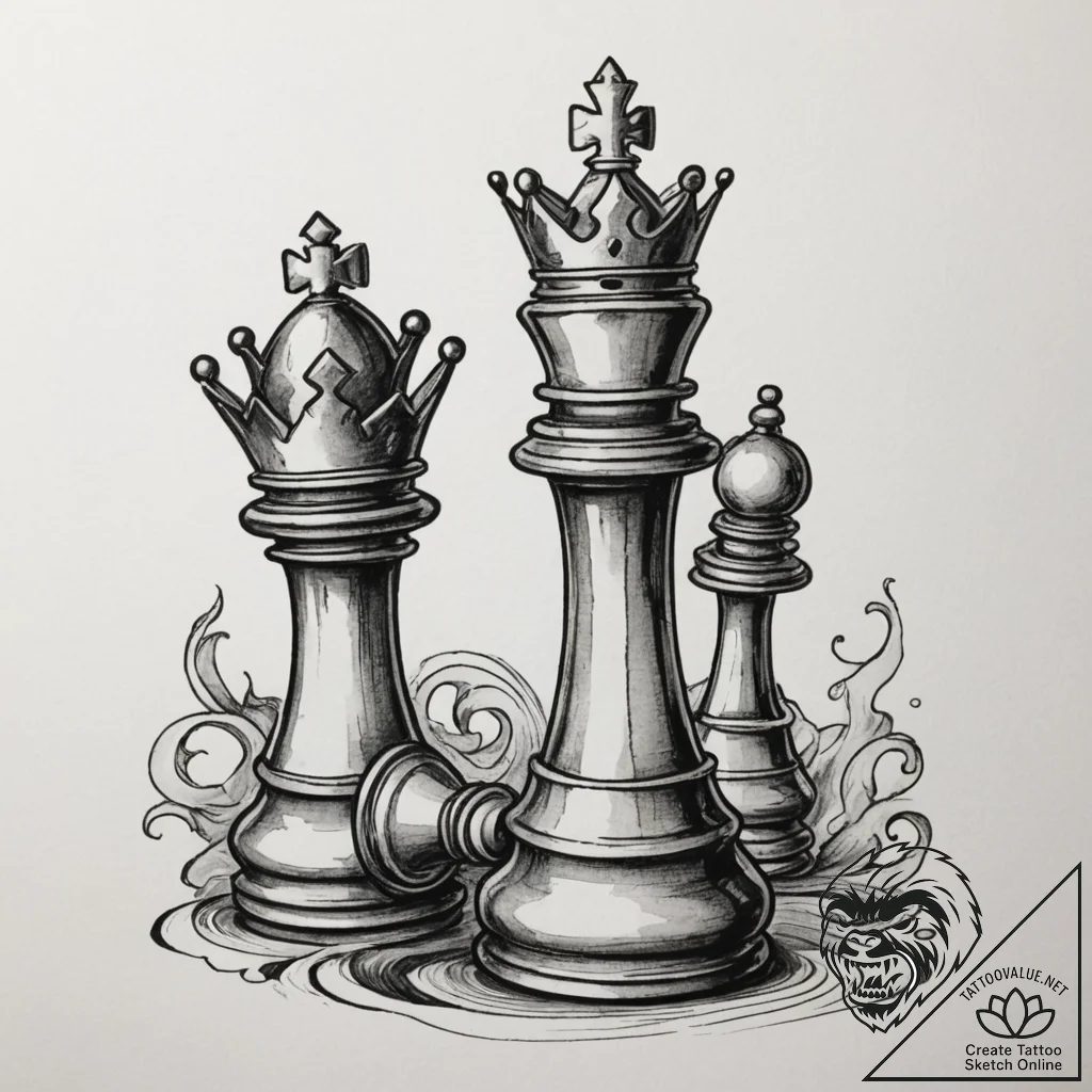 A close-up of a chess piece, the king, tipped... - tattoo sketch (№1754693183_0, 08.08.2025 22:46) — tattoovalue.net