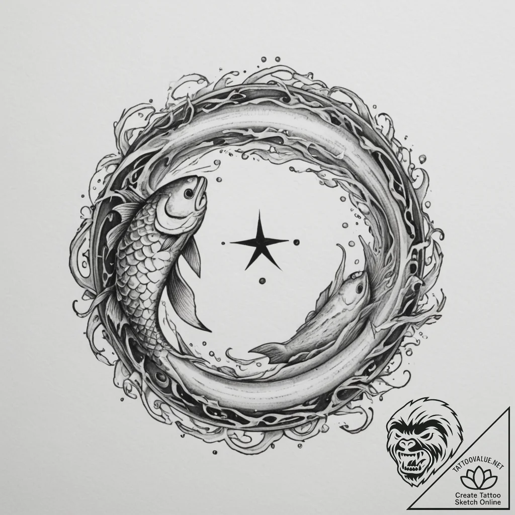 Tattoo design pisces fish, with neptune's gly... - tattoo sketch (№1754693979_0, 08.08.2025 22:59) — tattoovalue.net