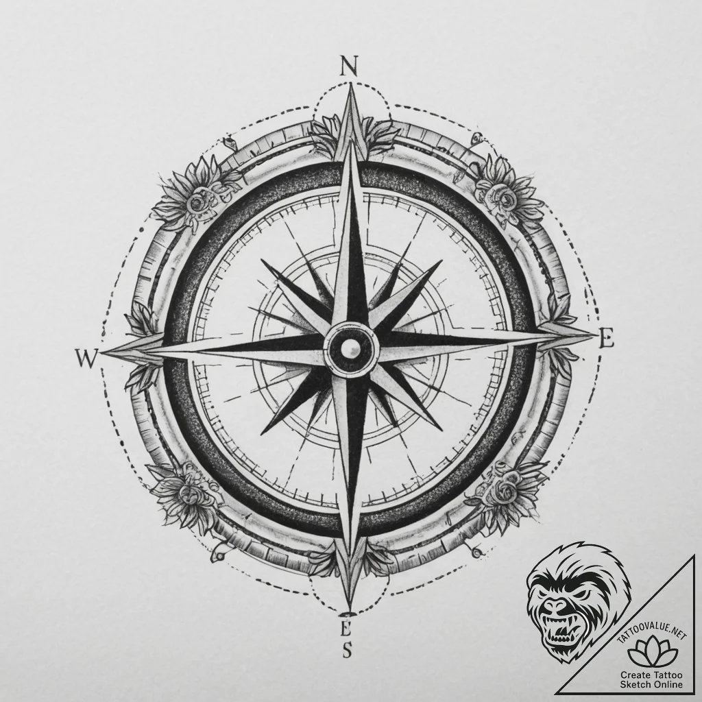 Tattoo design a compass pointing "home" with... - tattoo sketch (№1754694372_0, 08.08.2025 23:06) — tattoovalue.net