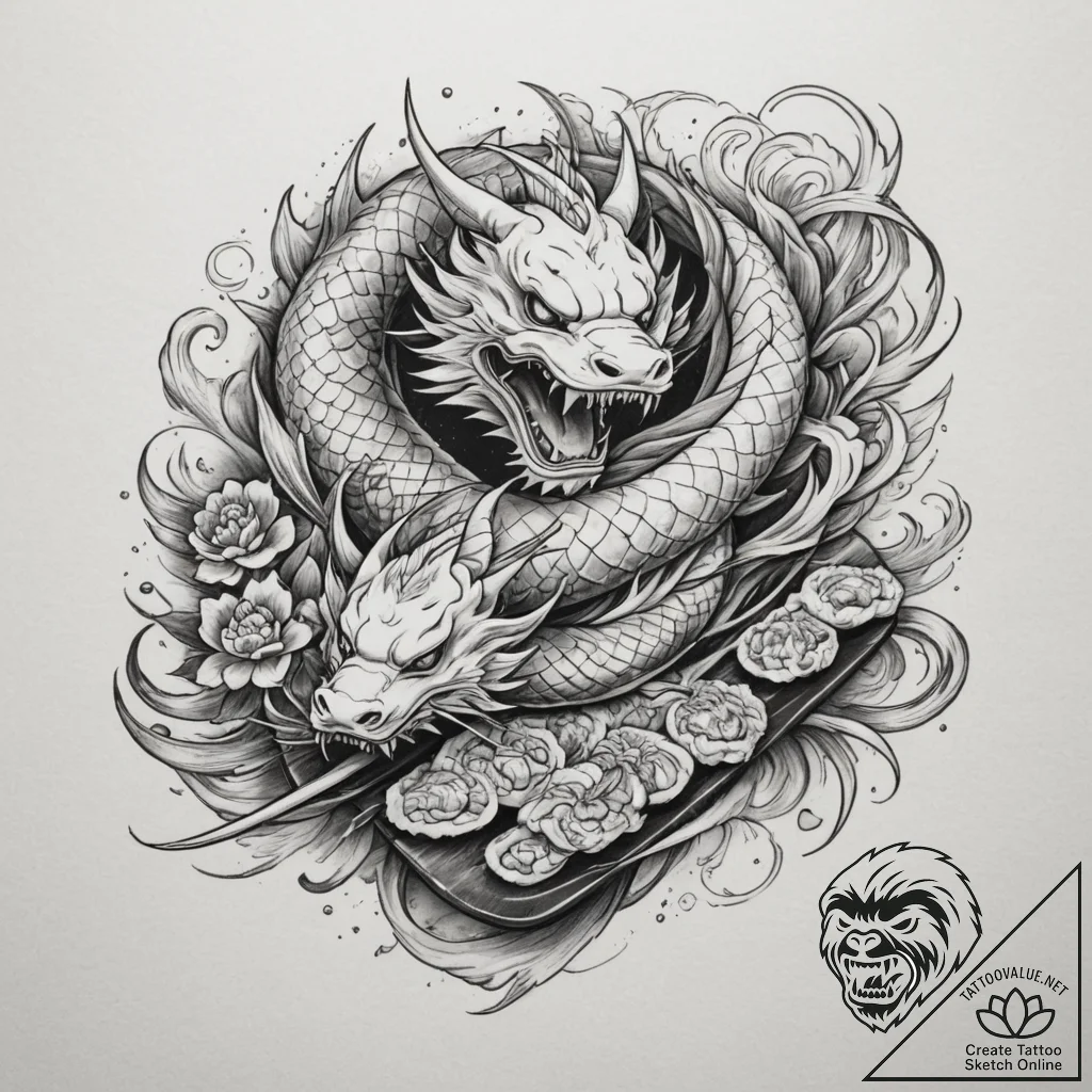 A spread of sushi and sashimi arranged artful... - tattoo sketch (№1754694570_0, 08.08.2025 23:09) — tattoovalue.net