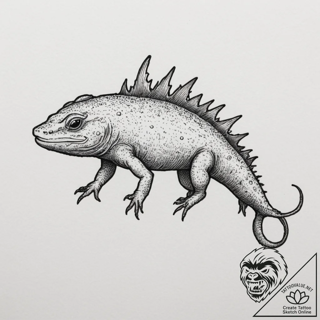 An axolotl, ink illustration for tattoo, on a... - tattoo sketch (№1754695957_0, 08.08.2025 23:32) — tattoovalue.net