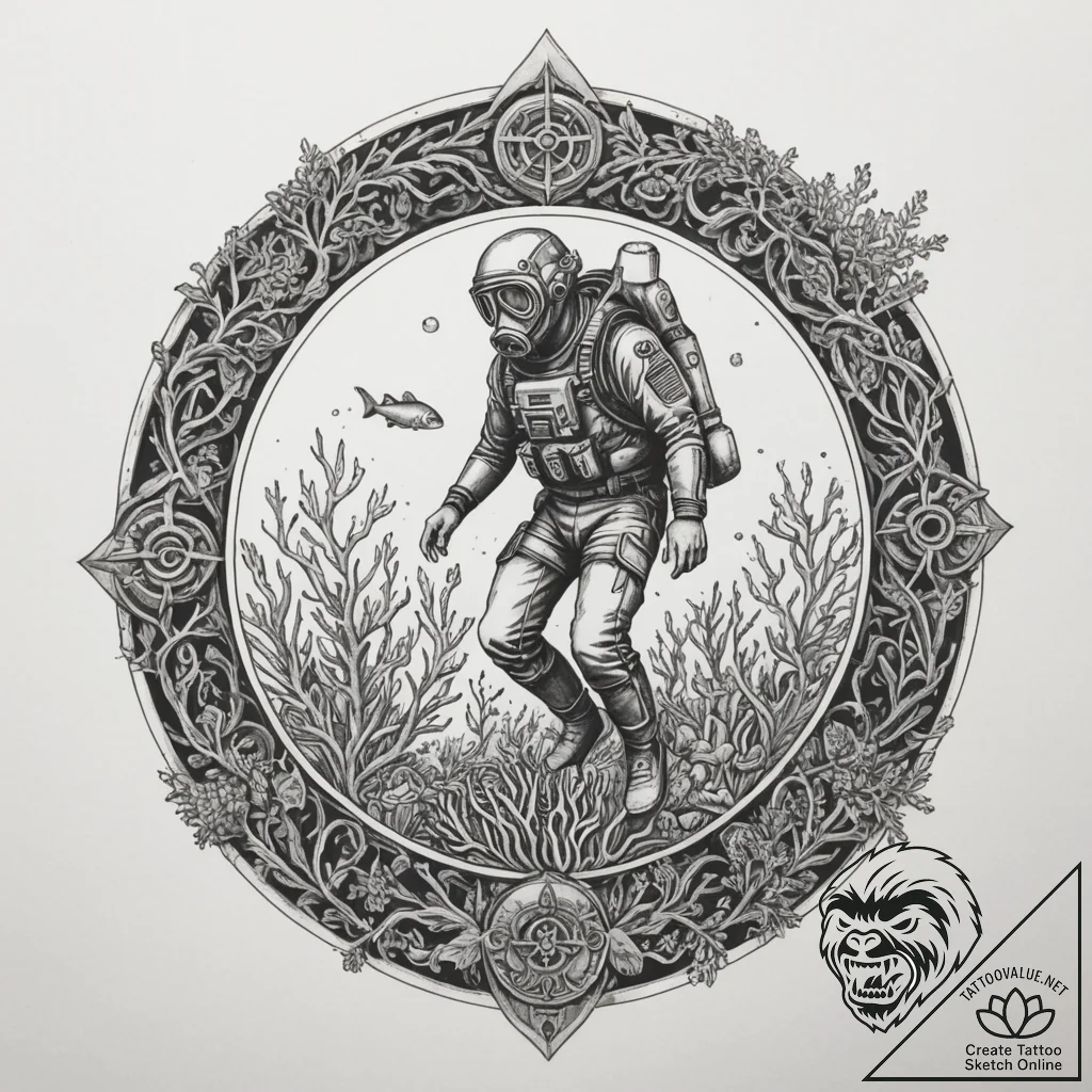 A diver discovering an old shipwreck overgrow... - tattoo sketch (№1754699328_0, 09.08.2025 00:28) — tattoovalue.net