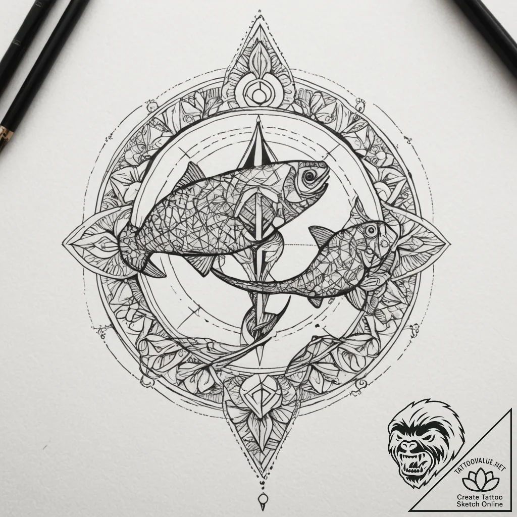 Tattoo design pisces fish with a tiny, whimsi... - tattoo sketch (№1754699724_0, 09.08.2025 00:35) — tattoovalue.net