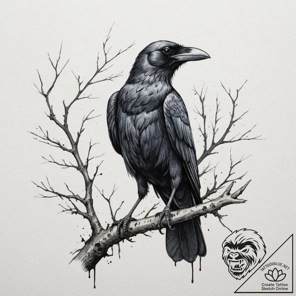 Tattoo sketch: a stylized crow or raven perch... - tattoo sketch (№1754703084_0, 09.08.2025 01:31) — tattoovalue.net