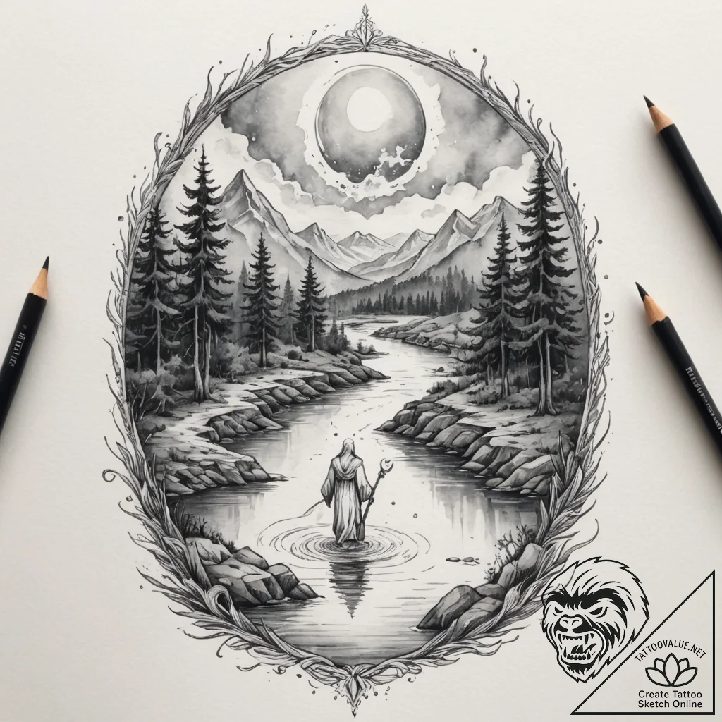Tattoo design: a mystical scene of veles guid... - tattoo sketch (№1754703478_0, 09.08.2025 01:37) — tattoovalue.net