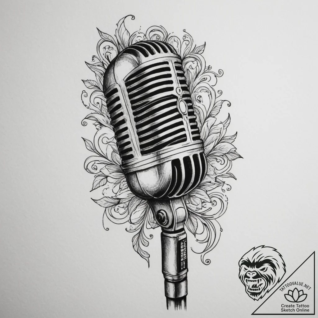 A close-up of a microphone in a recording stu... - tattoo sketch (№1754704070_0, 09.08.2025 01:47) — tattoovalue.net