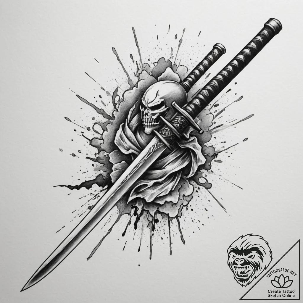 Tattoo design a samurai sword with a digital... - tattoo sketch (№1754706051_0, 09.08.2025 02:20) — tattoovalue.net