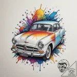 Car, tattoo line art, new school tattoo style… – tattoo sketch (№1754707632_0, 09.08.2025 02:47) — tattoovalue.net
