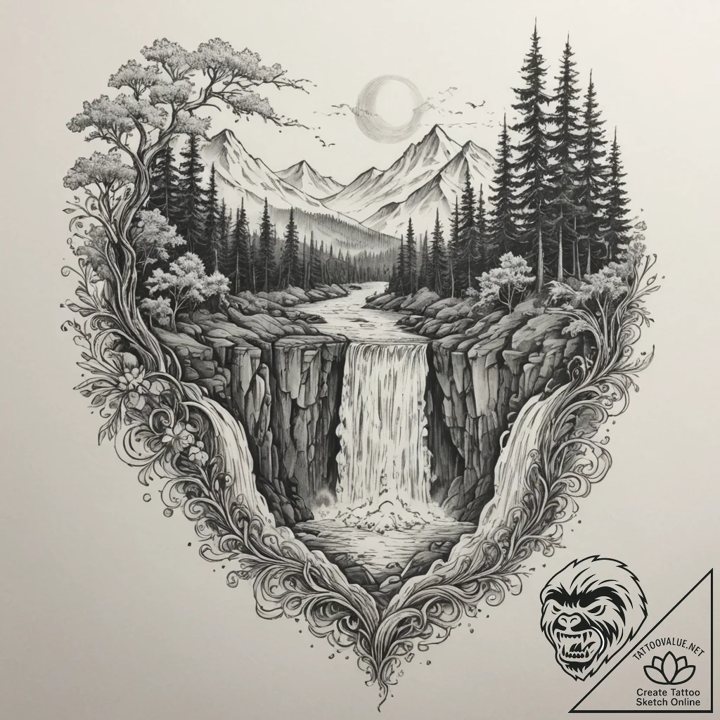 Tattoo design a powerful waterfall, constant... - tattoo sketch (№1754708816_0, 09.08.2025 03:06) — tattoovalue.net
