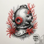 An old diving helmet overgrown with coral, ta… – tattoo sketch (№1754709997_0, 09.08.2025 03:26) — tattoovalue.net