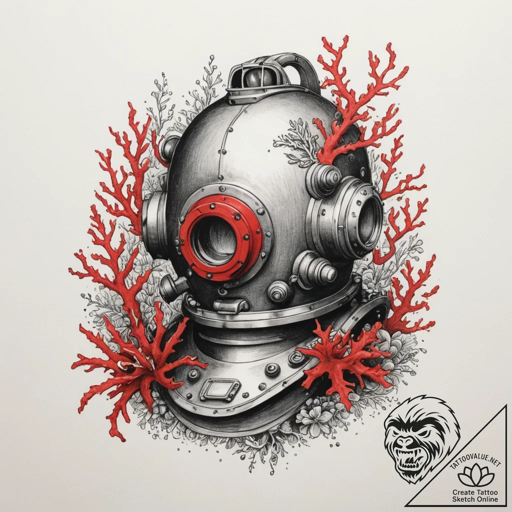 An old diving helmet overgrown with coral, ta... - tattoo sketch (№1754709997_0, 09.08.2025 03:26) — tattoovalue.net