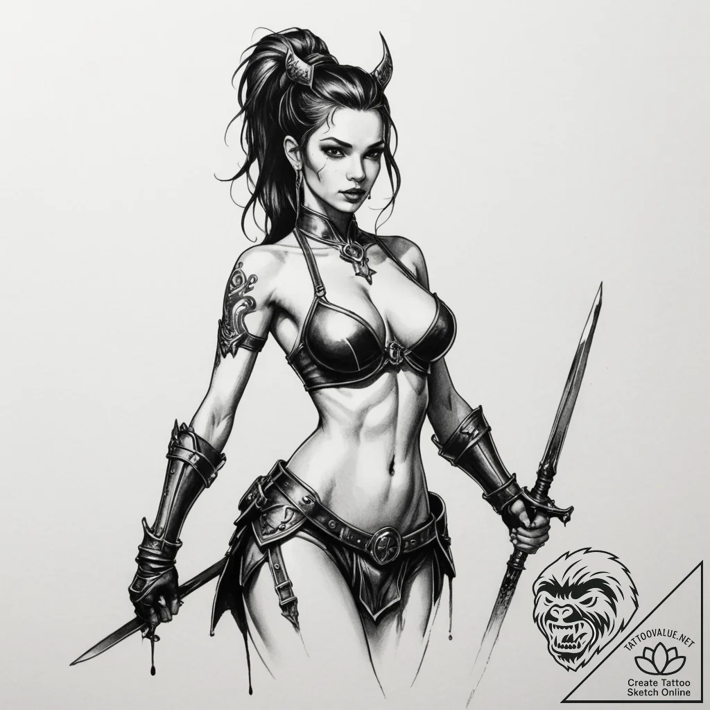 Tattoo sketch a warrior woman's silhouette, e... - tattoo sketch (№1754712172_0, 09.08.2025 04:02) — tattoovalue.net