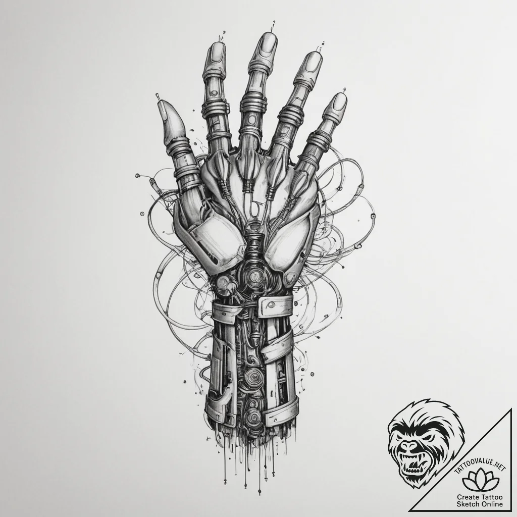 Tattoo sketch a cybernetic arm with intricate... - tattoo sketch (№1754713353_0, 09.08.2025 04:22) — tattoovalue.net