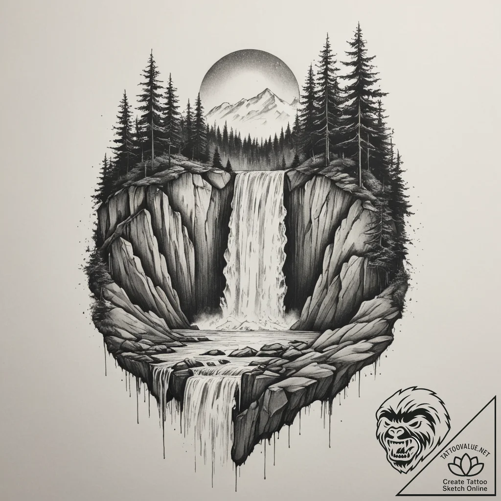 Tattoo design a powerful waterfall, constant... - tattoo sketch (№1754714930_0, 09.08.2025 04:48) — tattoovalue.net