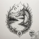 Tattoo design a calm lake with a fantasy crea… – tattoo sketch (№1754715523_0, 09.08.2025 04:58) — tattoovalue.net
