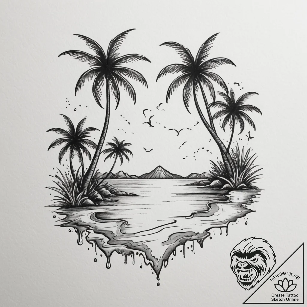 Tattoo design a tropical island with palm tre... - tattoo sketch (№1754719071_0, 09.08.2025 05:57) — tattoovalue.net