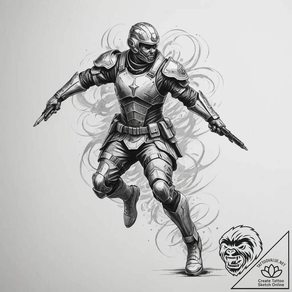 Tattoo design a dynamic image of a soldier or... - tattoo sketch (№1754720447_0, 09.08.2025 06:20) — tattoovalue.net